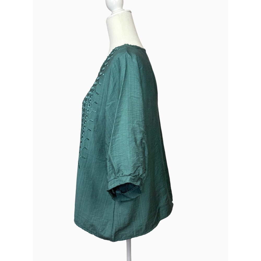 Women's Teal Embroidered Cotton Boho Top 3/4 Sleeve Relaxed Fit XL - Picture 6 of 7